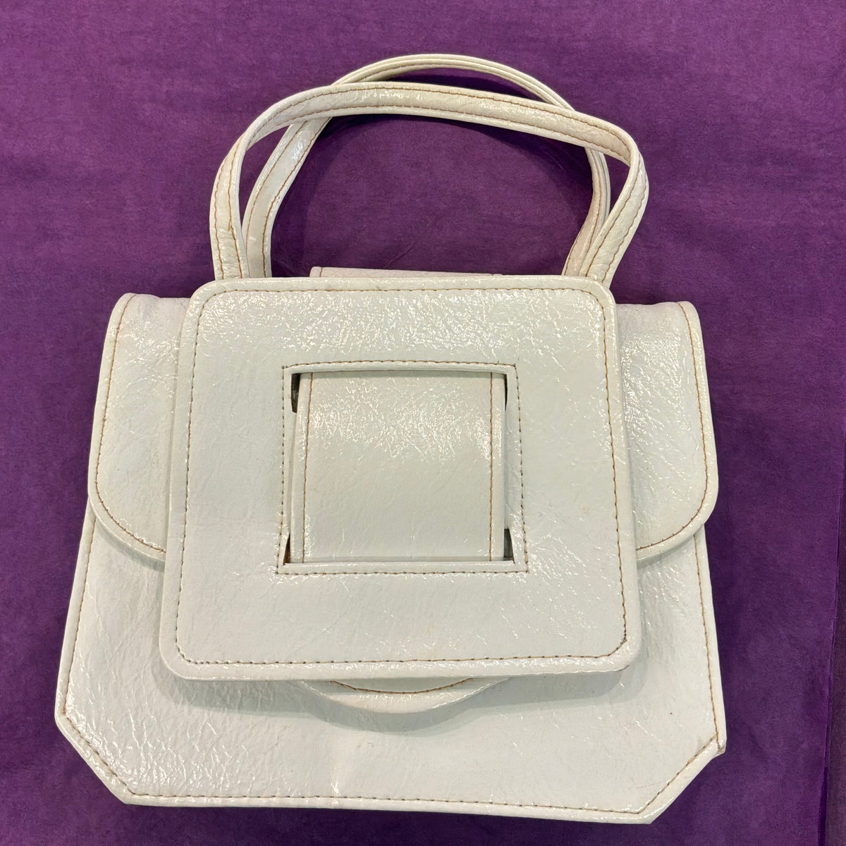 Vintage Mid Century White Vinyl Satchel Style Handbag Top Handle Bag