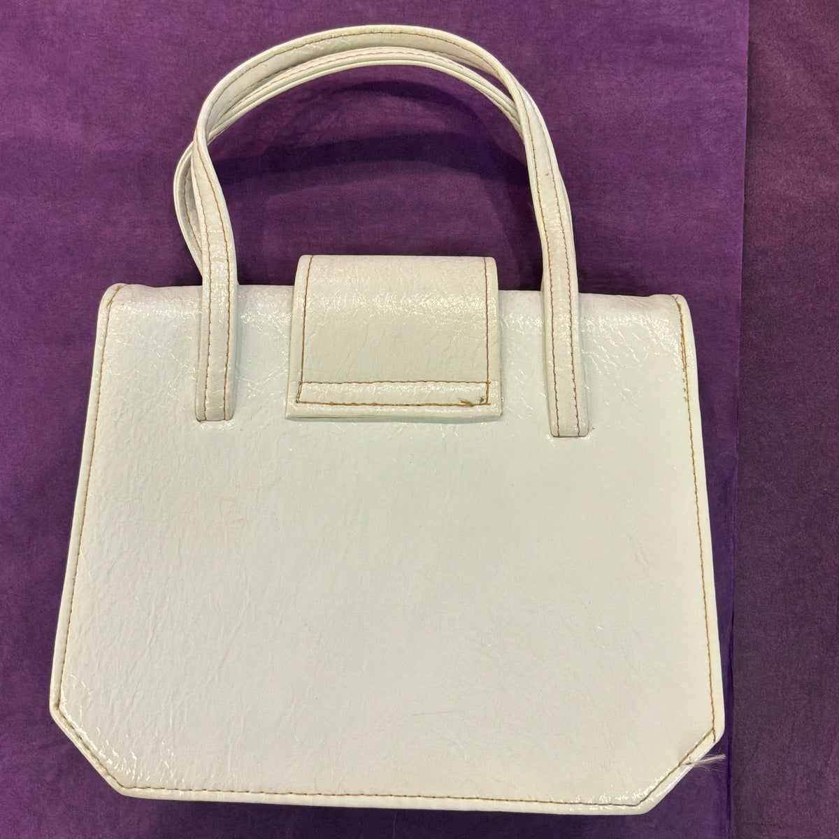 Vintage Mid Century White Vinyl Satchel Style Handbag Top Handle Bag