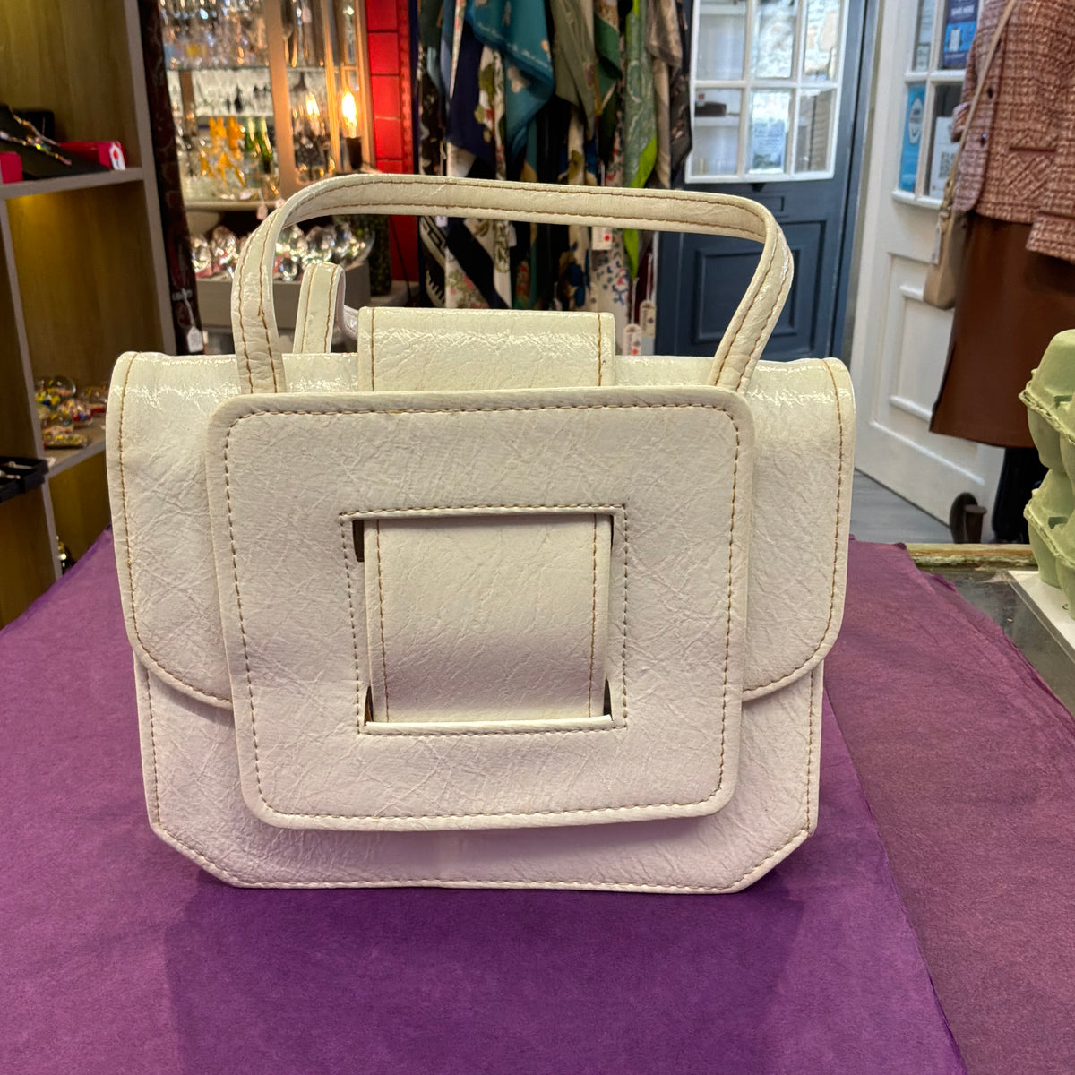Vintage Mid Century White Vinyl Satchel Style Handbag Top Handle Bag