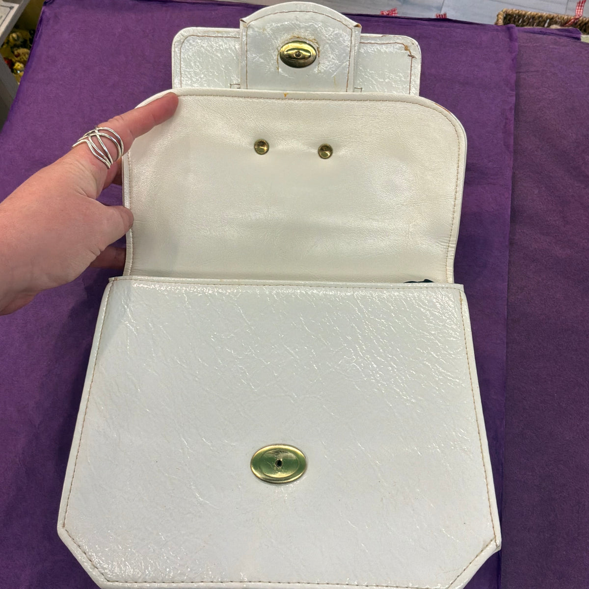 Vintage Mid Century White Vinyl Satchel Style Handbag Top Handle Bag