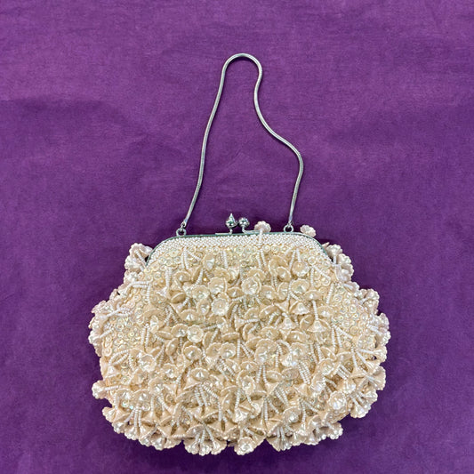 Vintage Mid Century Ivory Beaded Floral Evening Bag with Aurora Borealis Sequins