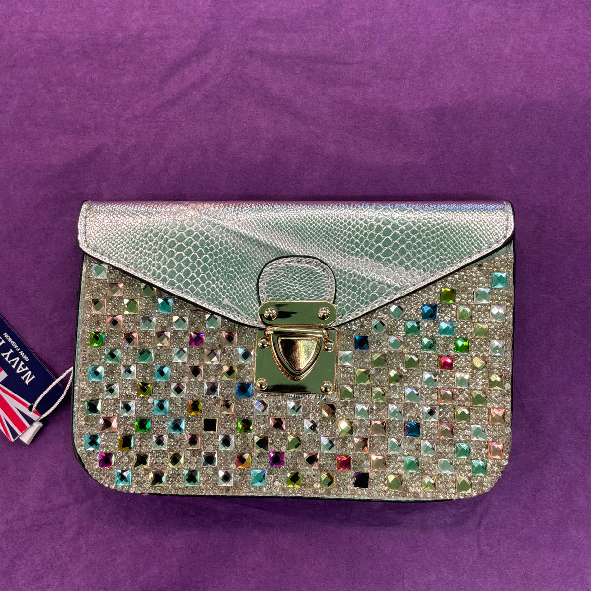 Vintage Navy Inc Silver Faux Leather Crystal Clutch Bag Multicolour Rhinestone Evening Bag