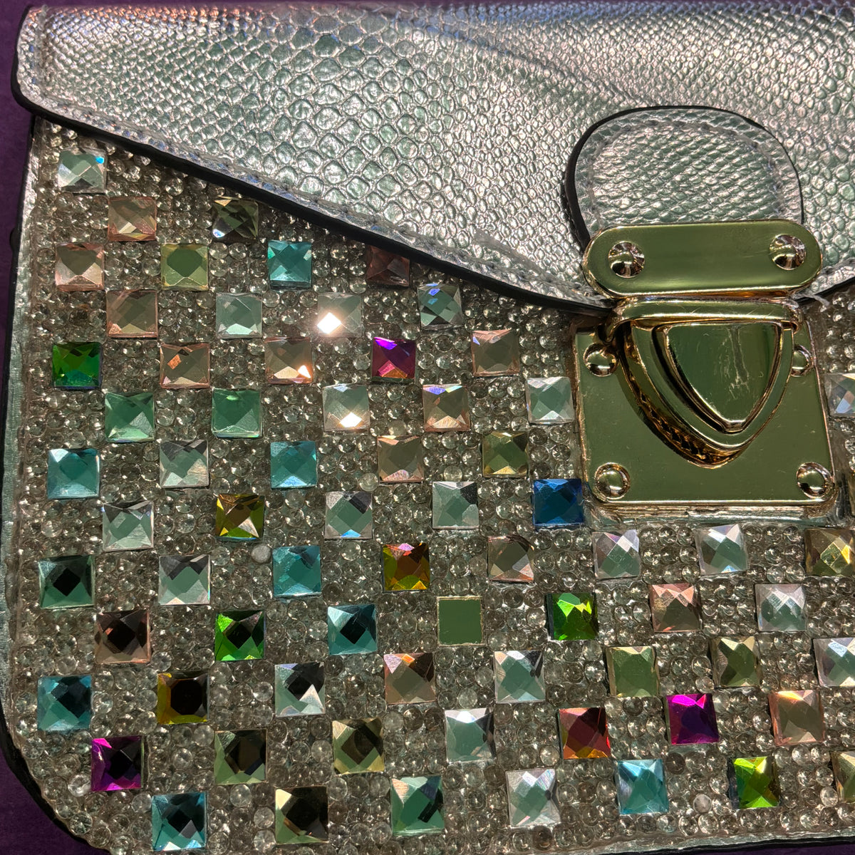 Vintage Navy Inc Silver Faux Leather Crystal Clutch Bag Multicolour Rhinestone Evening Bag
