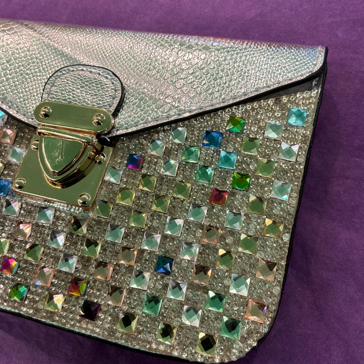 Vintage Navy Inc Silver Faux Leather Crystal Clutch Bag Multicolour Rhinestone Evening Bag