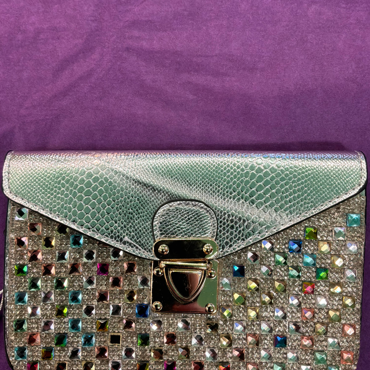 Vintage Navy Inc Silver Faux Leather Crystal Clutch Bag Multicolour Rhinestone Evening Bag