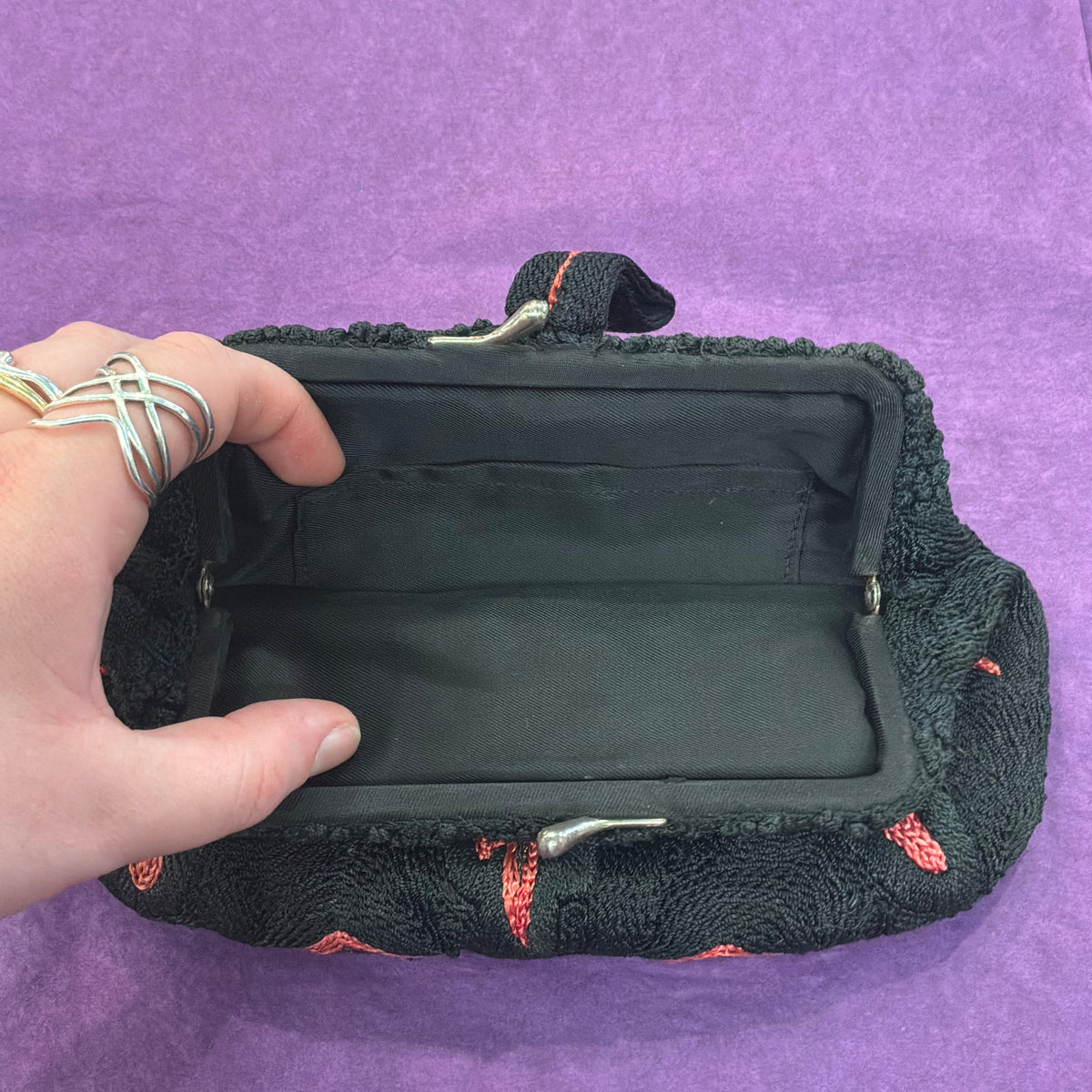 Vintage 1930s Black & Red Braided Embroidered Art Deco Evening Bag
