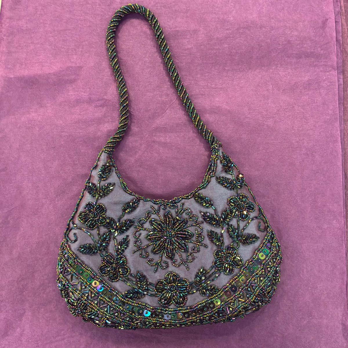Vintage Bohemian Peacock Beaded Evening Bag Iridescent Taffeta with Floral Sequins