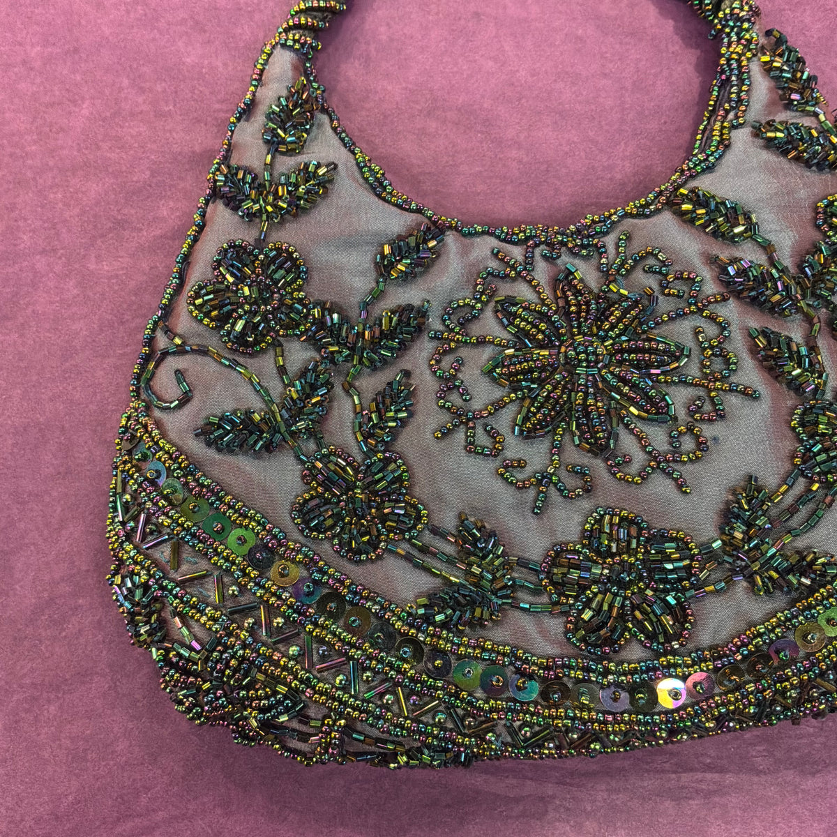 Vintage Bohemian Peacock Beaded Evening Bag Iridescent Taffeta with Floral Sequins