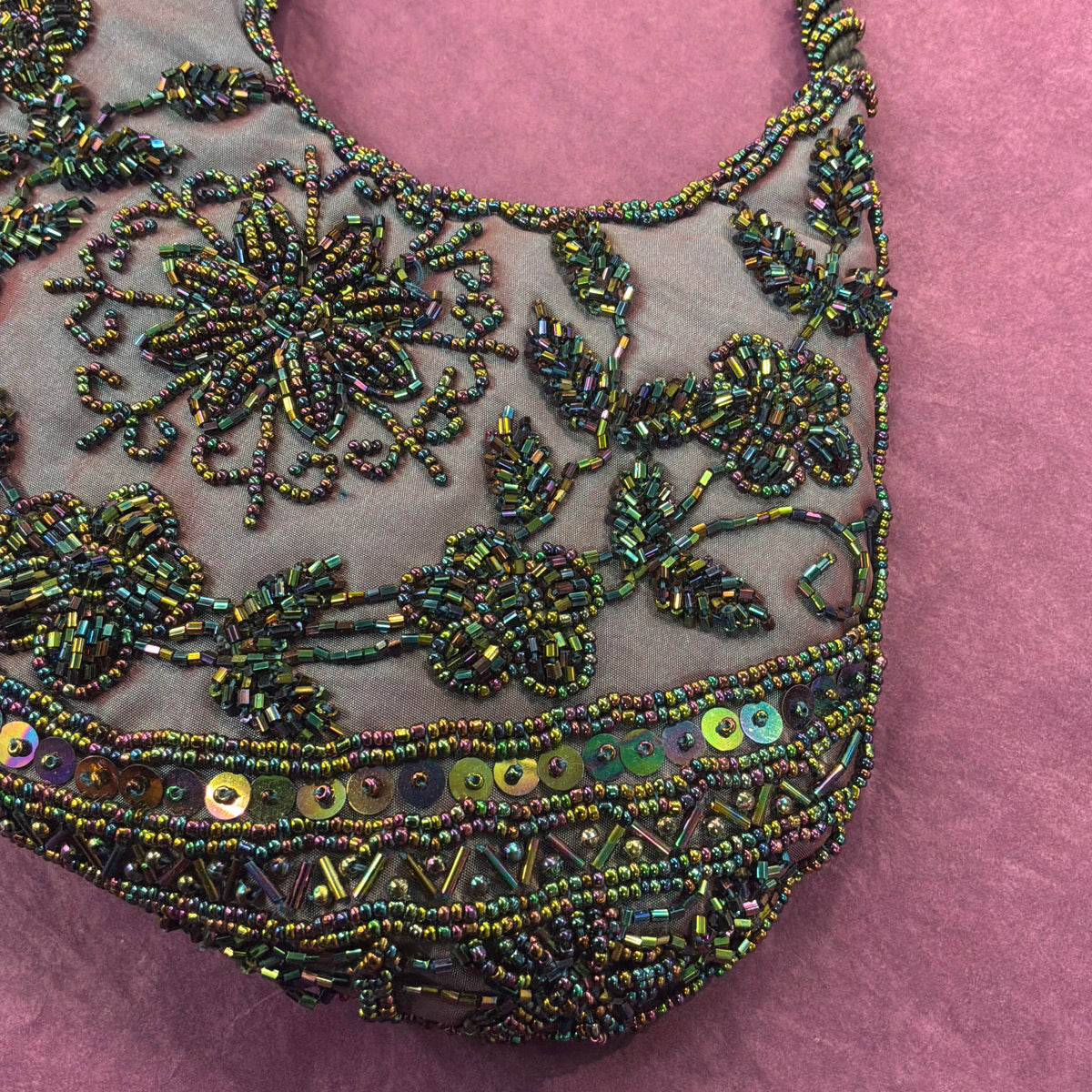 Vintage Bohemian Peacock Beaded Evening Bag Iridescent Taffeta with Floral Sequins