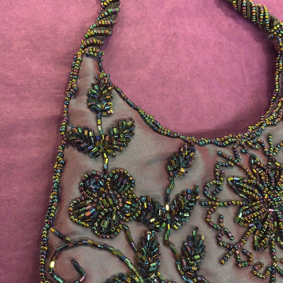 Vintage Bohemian Peacock Beaded Evening Bag Iridescent Taffeta with Floral Sequins