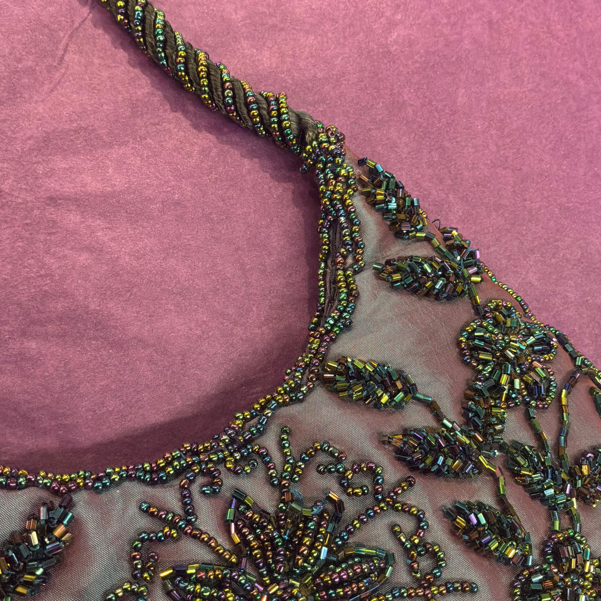 Vintage Bohemian Peacock Beaded Evening Bag Iridescent Taffeta with Floral Sequins