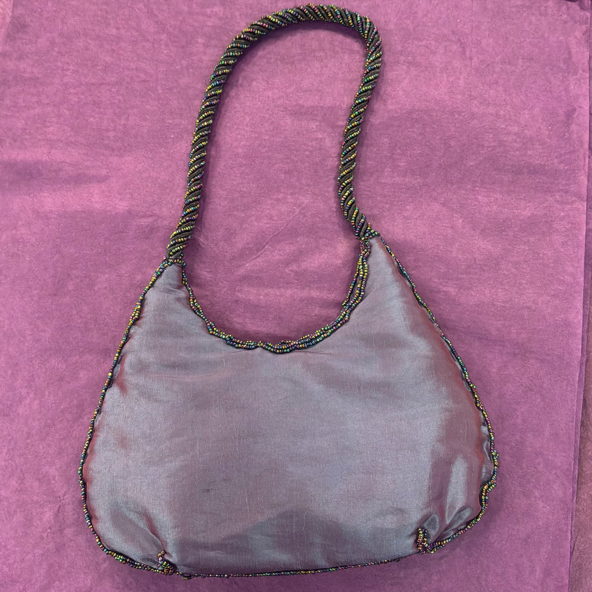 Vintage Bohemian Peacock Beaded Evening Bag Iridescent Taffeta with Floral Sequins
