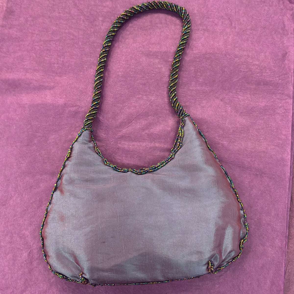 Vintage Bohemian Peacock Beaded Evening Bag Iridescent Taffeta with Floral Sequins