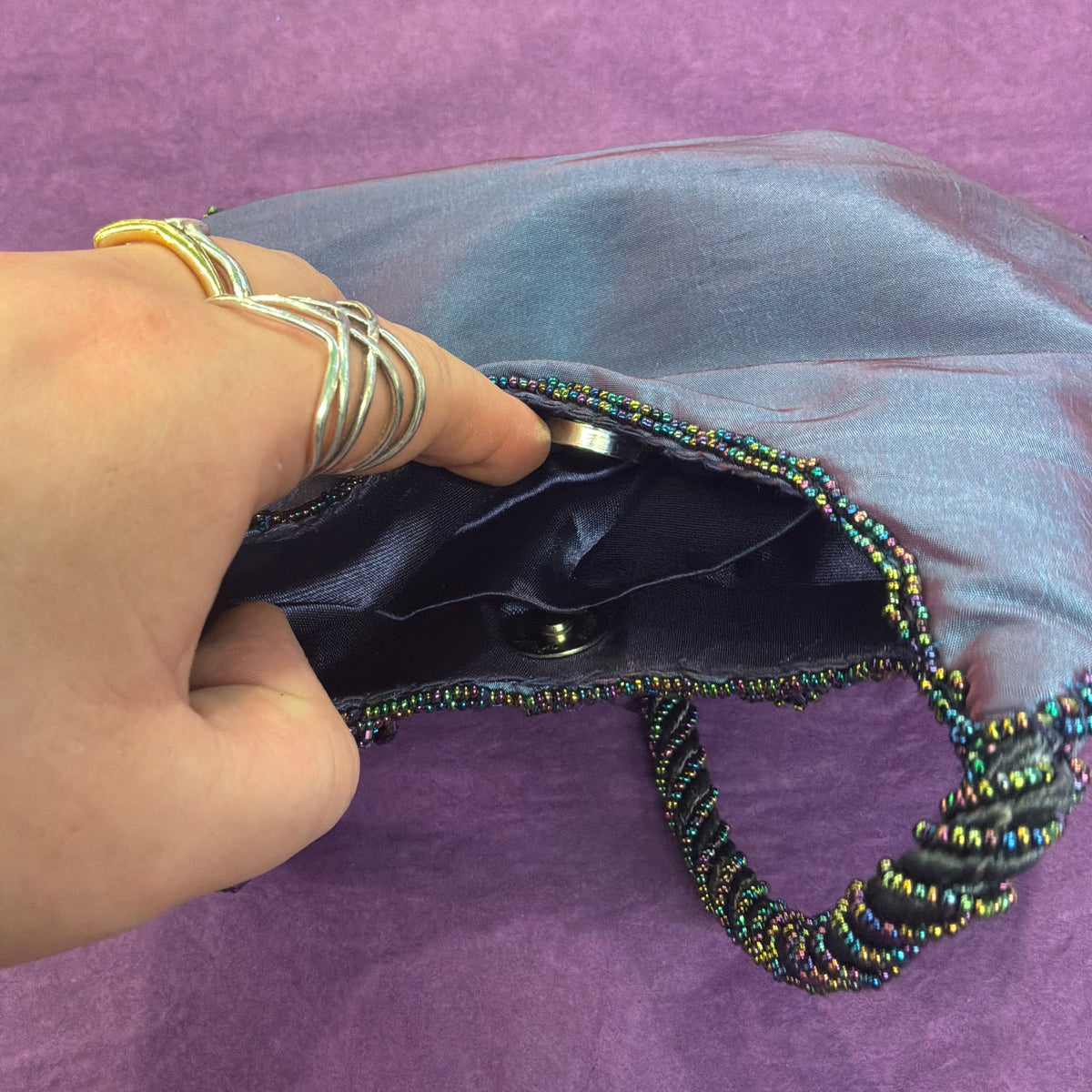 Vintage Bohemian Peacock Beaded Evening Bag Iridescent Taffeta with Floral Sequins
