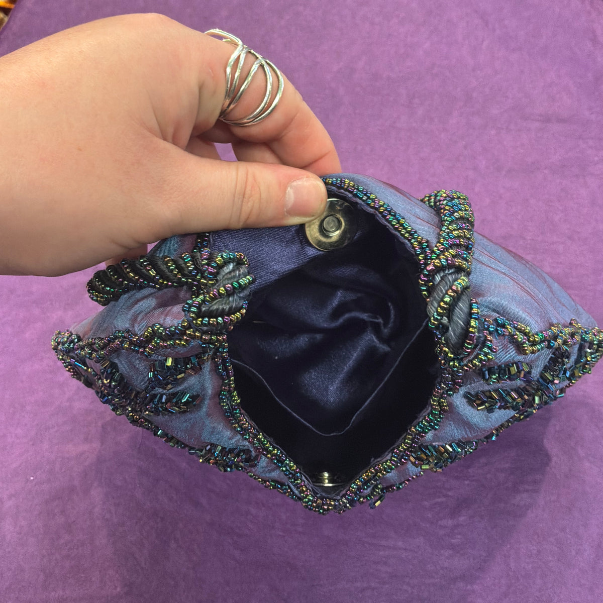 Vintage Bohemian Peacock Beaded Evening Bag Iridescent Taffeta with Floral Sequins