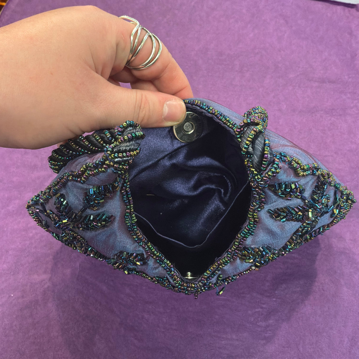 Vintage Bohemian Peacock Beaded Evening Bag Iridescent Taffeta with Floral Sequins