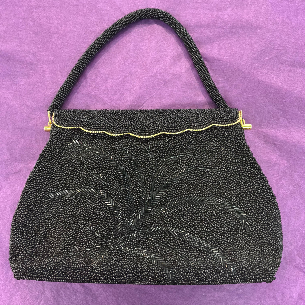Vintage 1950s Black Beaded Evening Bag with Matching Coin Purse Gold Tone Frame