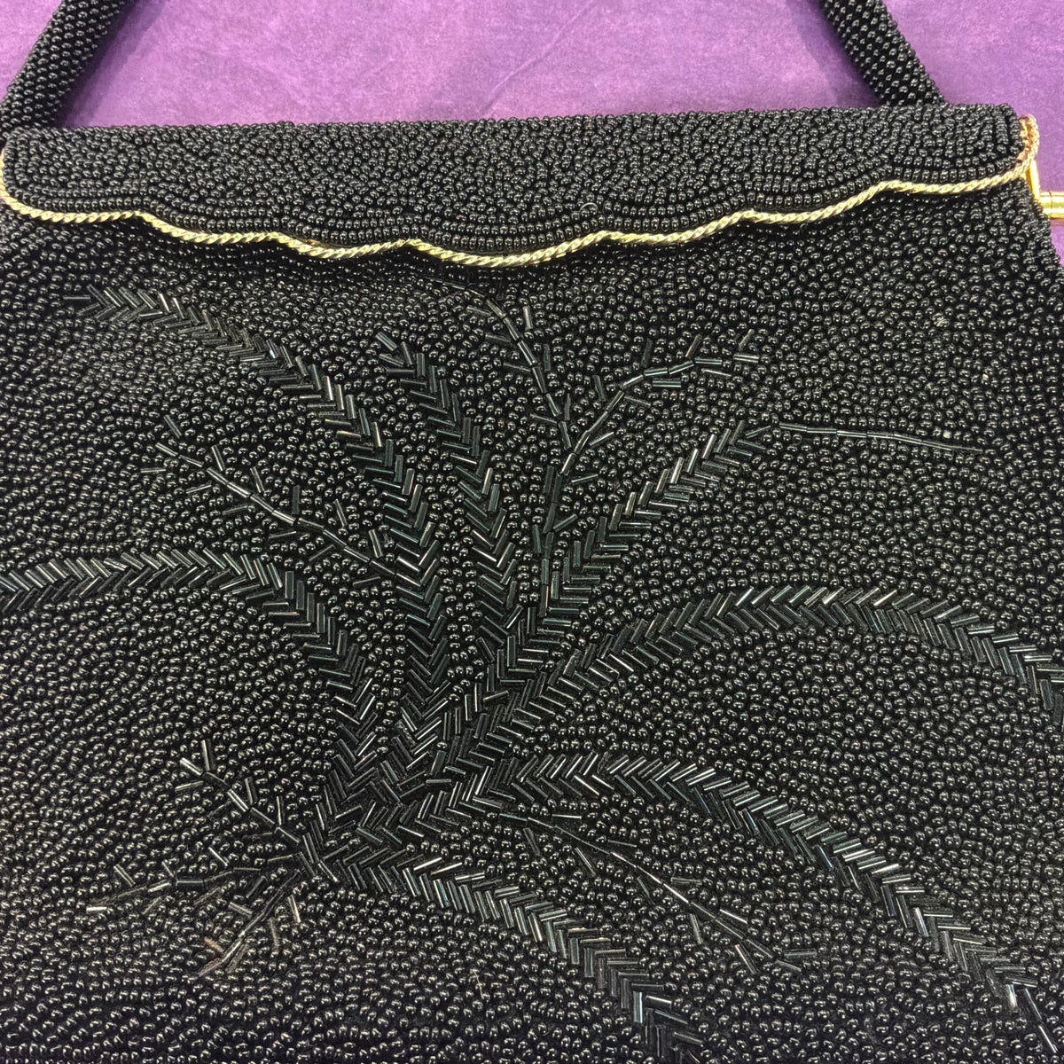 Vintage 1950s Black Beaded Evening Bag with Matching Coin Purse Gold Tone Frame