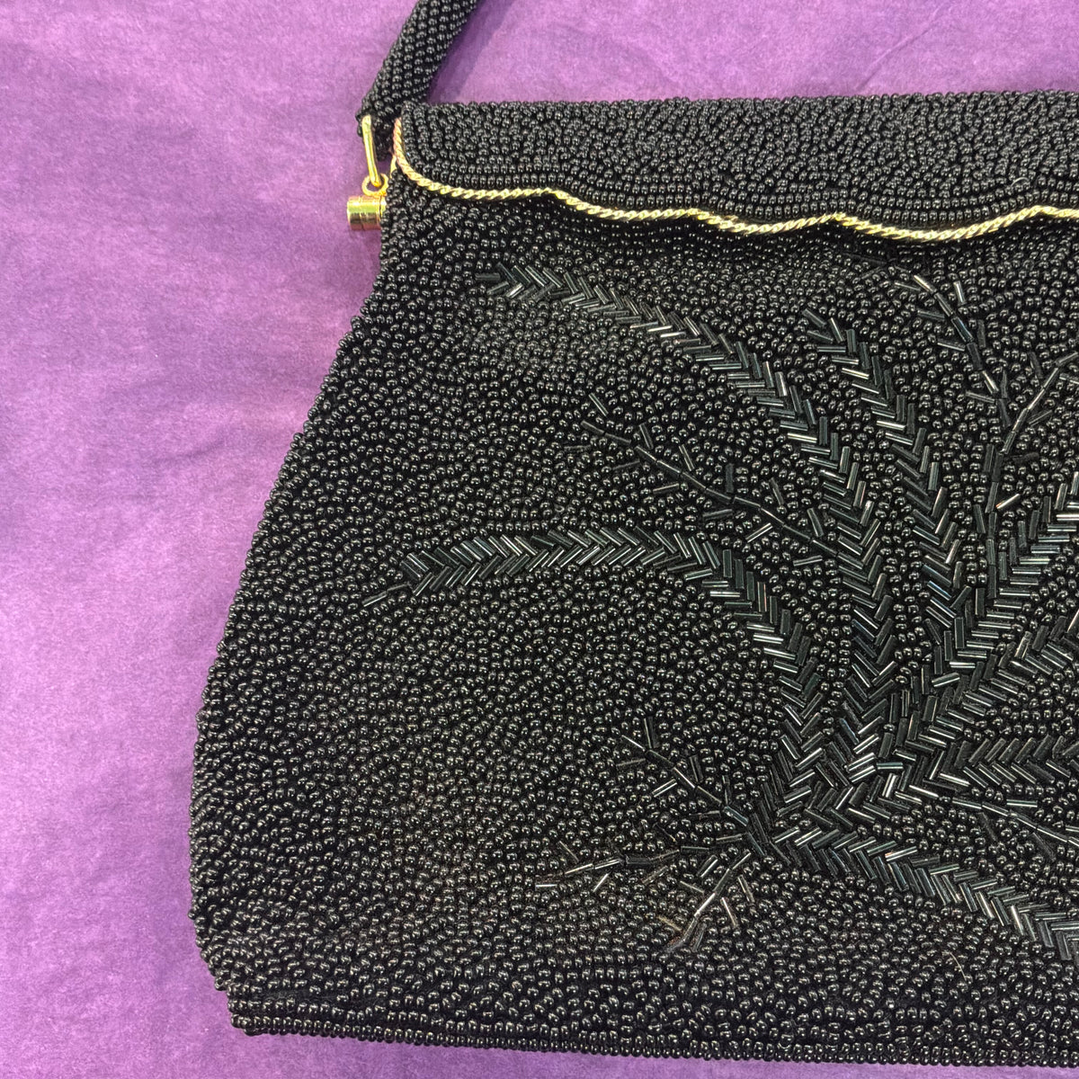 Vintage 1950s Black Beaded Evening Bag with Matching Coin Purse Gold Tone Frame