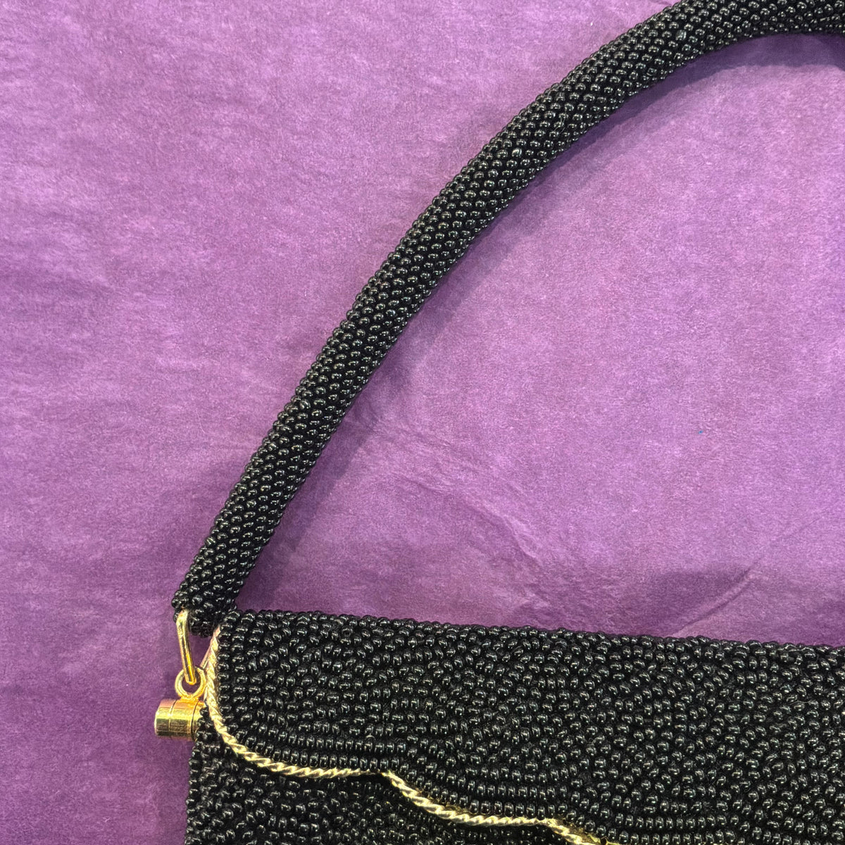 Vintage 1950s Black Beaded Evening Bag with Matching Coin Purse Gold Tone Frame