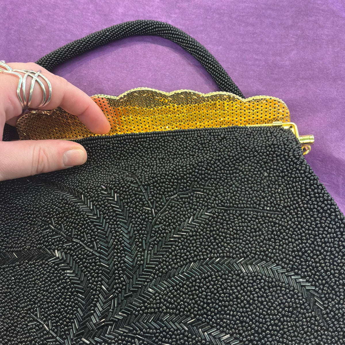 Vintage 1950s Black Beaded Evening Bag with Matching Coin Purse Gold Tone Frame