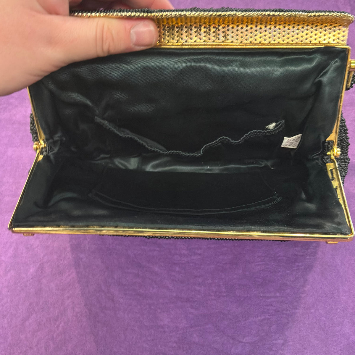 Vintage 1950s Black Beaded Evening Bag with Matching Coin Purse Gold Tone Frame