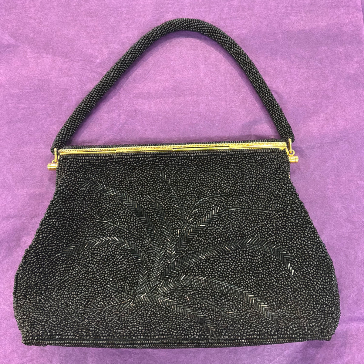 Vintage 1950s Black Beaded Evening Bag with Matching Coin Purse Gold Tone Frame