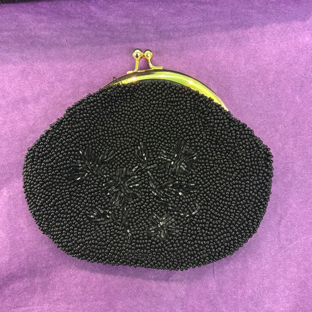 Vintage 1950s Black Beaded Evening Bag with Matching Coin Purse Gold Tone Frame