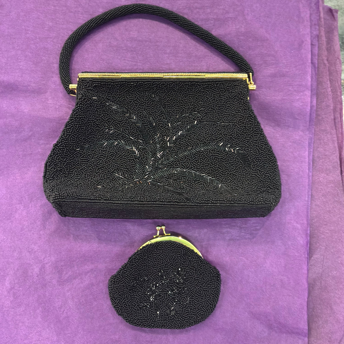 Vintage 1950s Black Beaded Evening Bag with Matching Coin Purse Gold Tone Frame