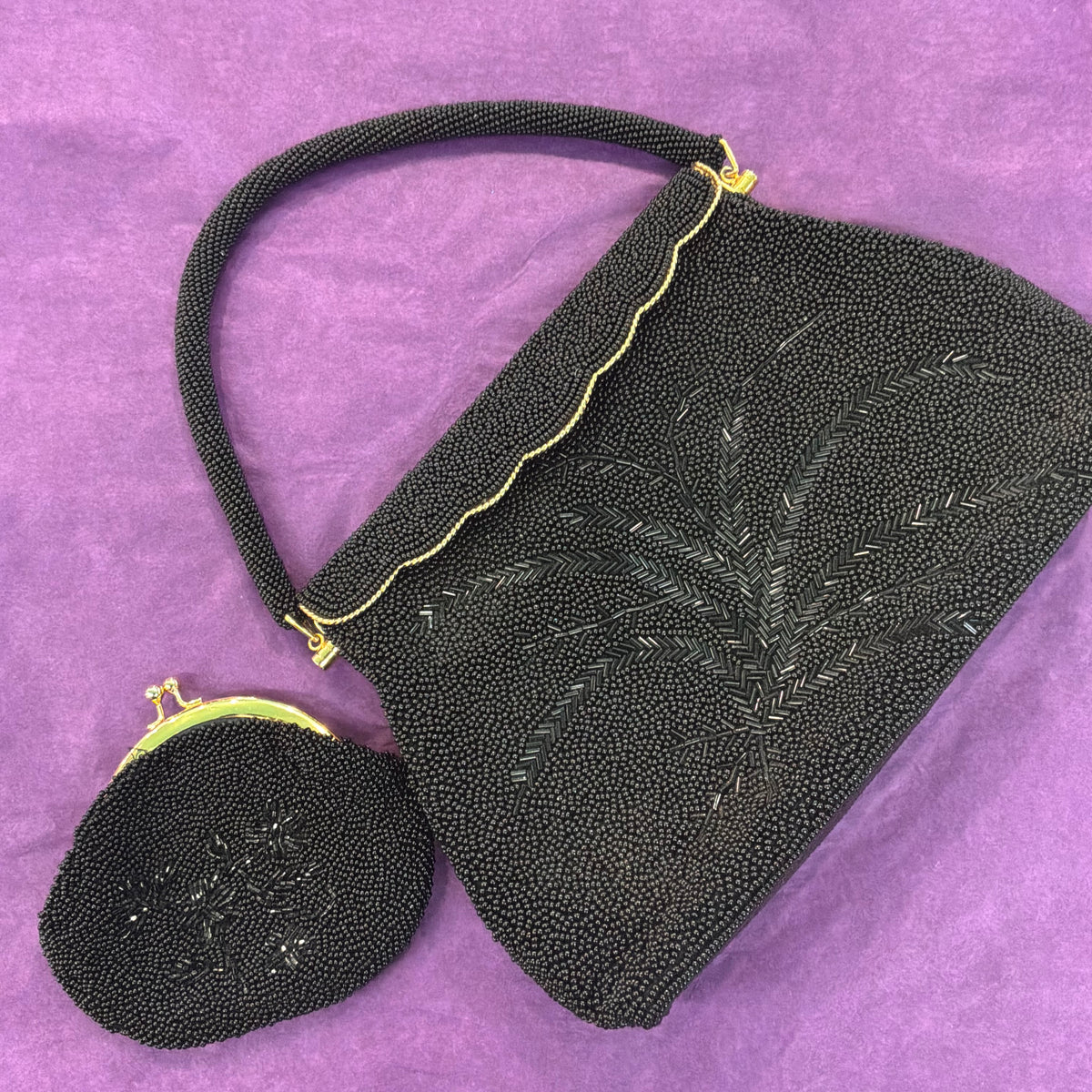 Vintage 1950s Black Beaded Evening Bag with Matching Coin Purse Gold Tone Frame