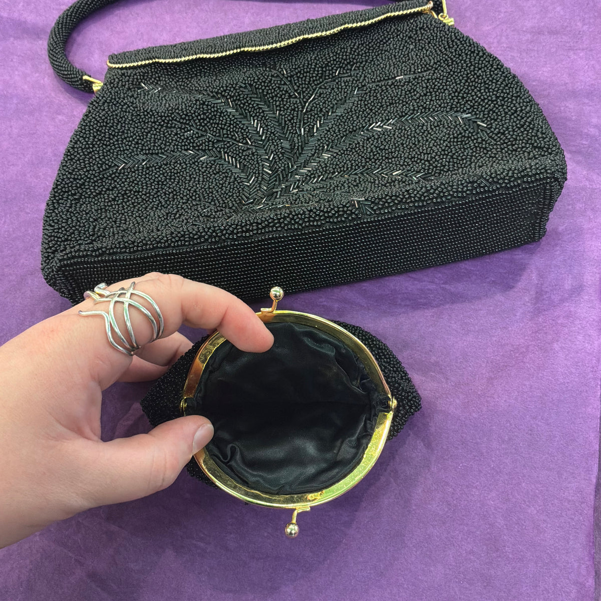 Vintage 1950s Black Beaded Evening Bag with Matching Coin Purse Gold Tone Frame