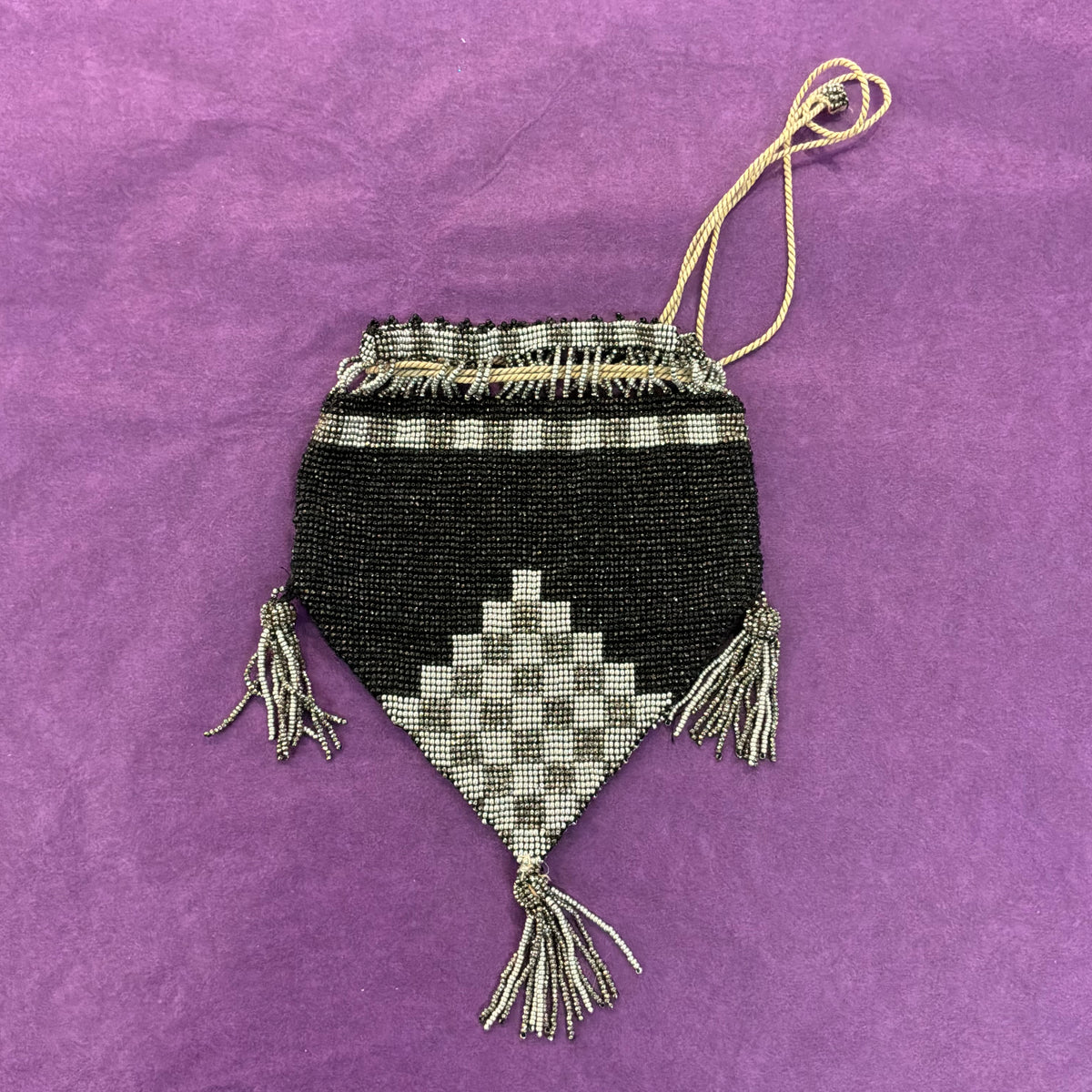 Antique 1920s 1930s Art Deco Black Silver Beaded Drawstring Purse Tassel Evening Bag