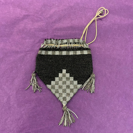 Antique 1920s 1930s Art Deco Black Silver Beaded Drawstring Purse Tassel Evening Bag