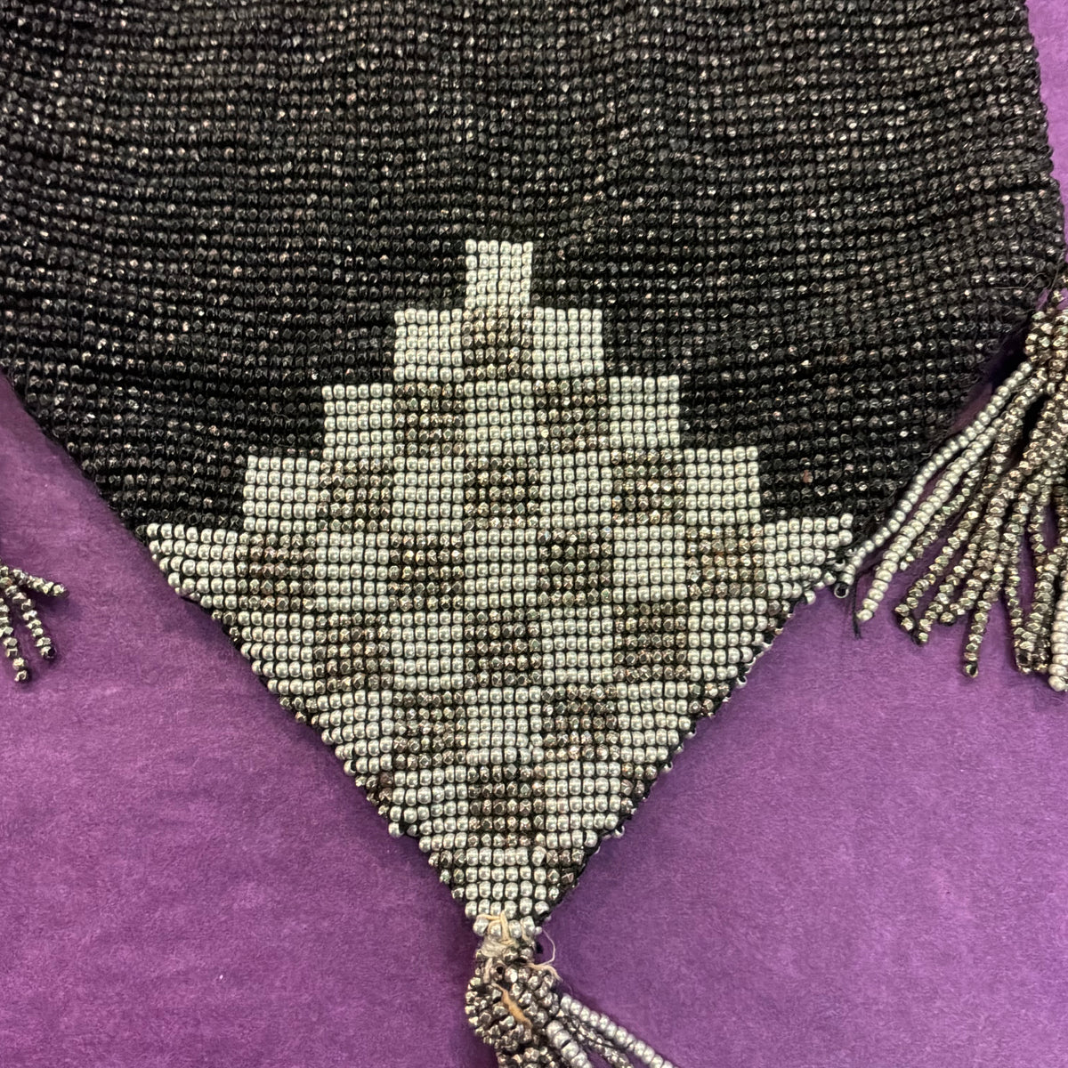 Antique 1920s 1930s Art Deco Black Silver Beaded Drawstring Purse Tassel Evening Bag