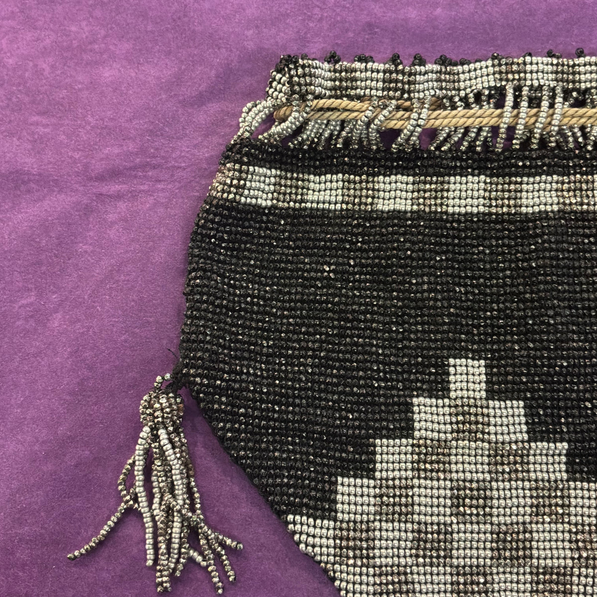 Antique 1920s 1930s Art Deco Black Silver Beaded Drawstring Purse Tassel Evening Bag