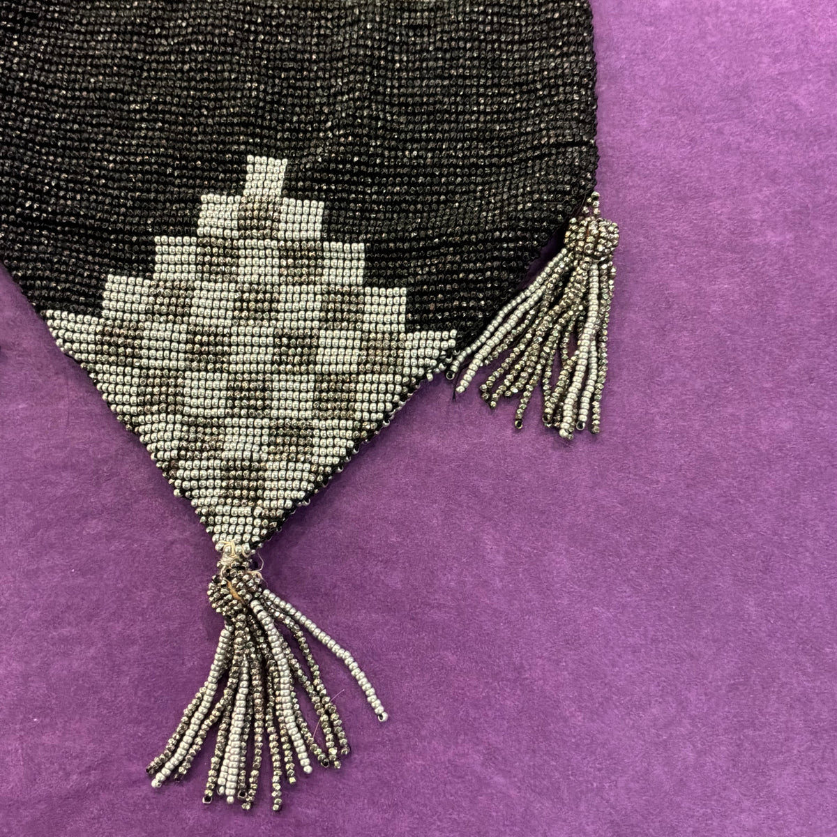 Antique 1920s 1930s Art Deco Black Silver Beaded Drawstring Purse Tassel Evening Bag