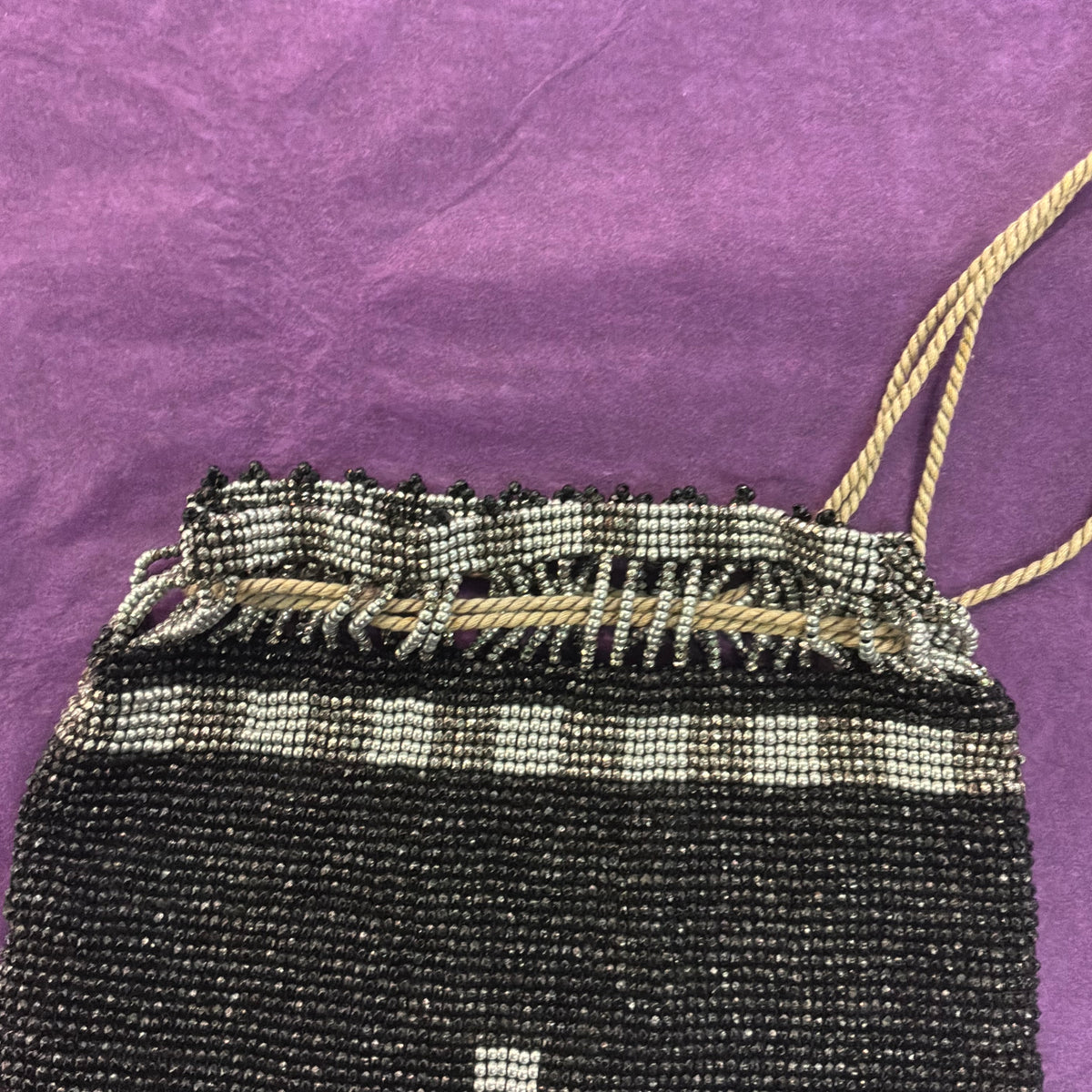 Antique 1920s 1930s Art Deco Black Silver Beaded Drawstring Purse Tassel Evening Bag
