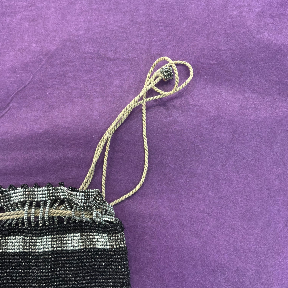 Antique 1920s 1930s Art Deco Black Silver Beaded Drawstring Purse Tassel Evening Bag
