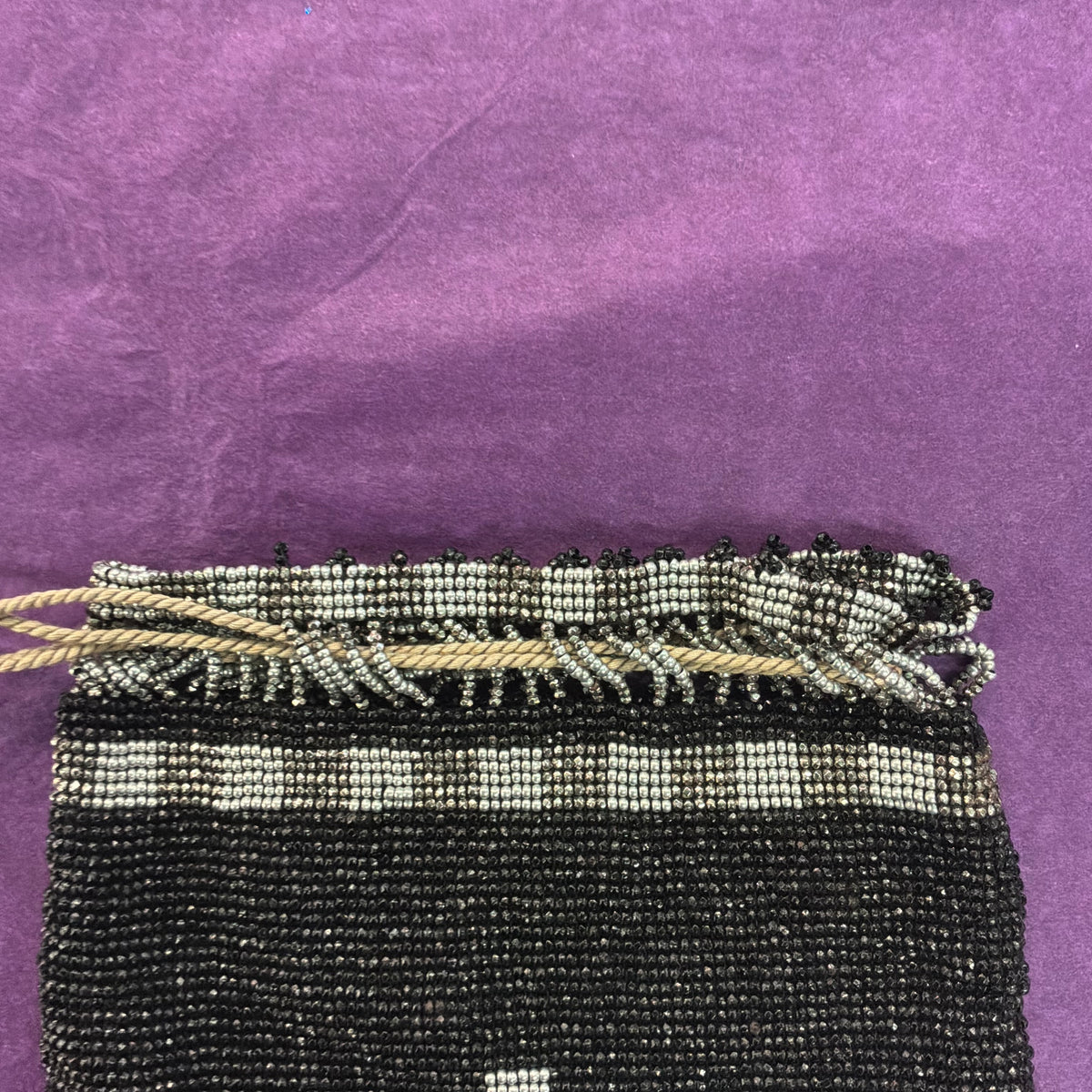 Antique 1920s 1930s Art Deco Black Silver Beaded Drawstring Purse Tassel Evening Bag