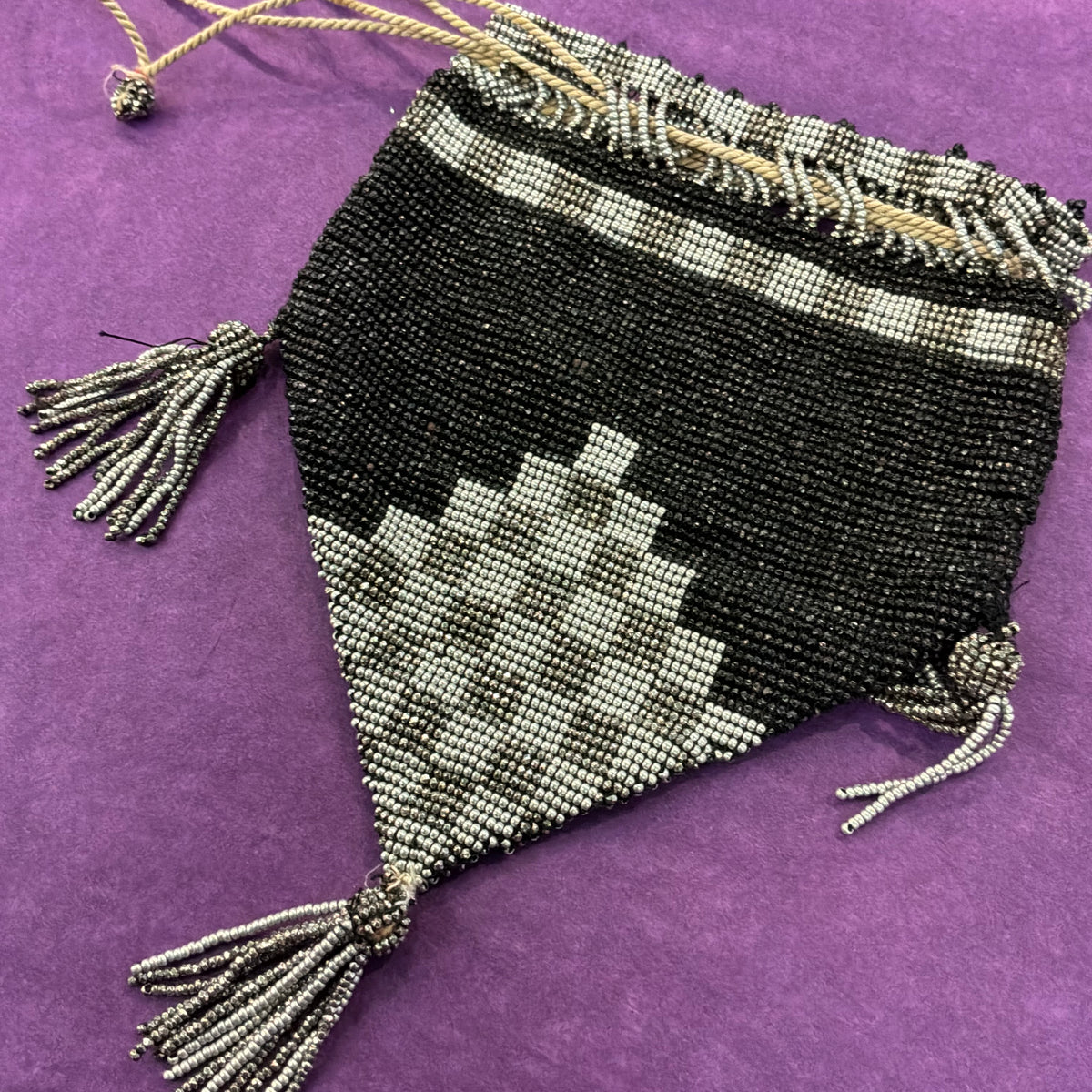 Antique 1920s 1930s Art Deco Black Silver Beaded Drawstring Purse Tassel Evening Bag