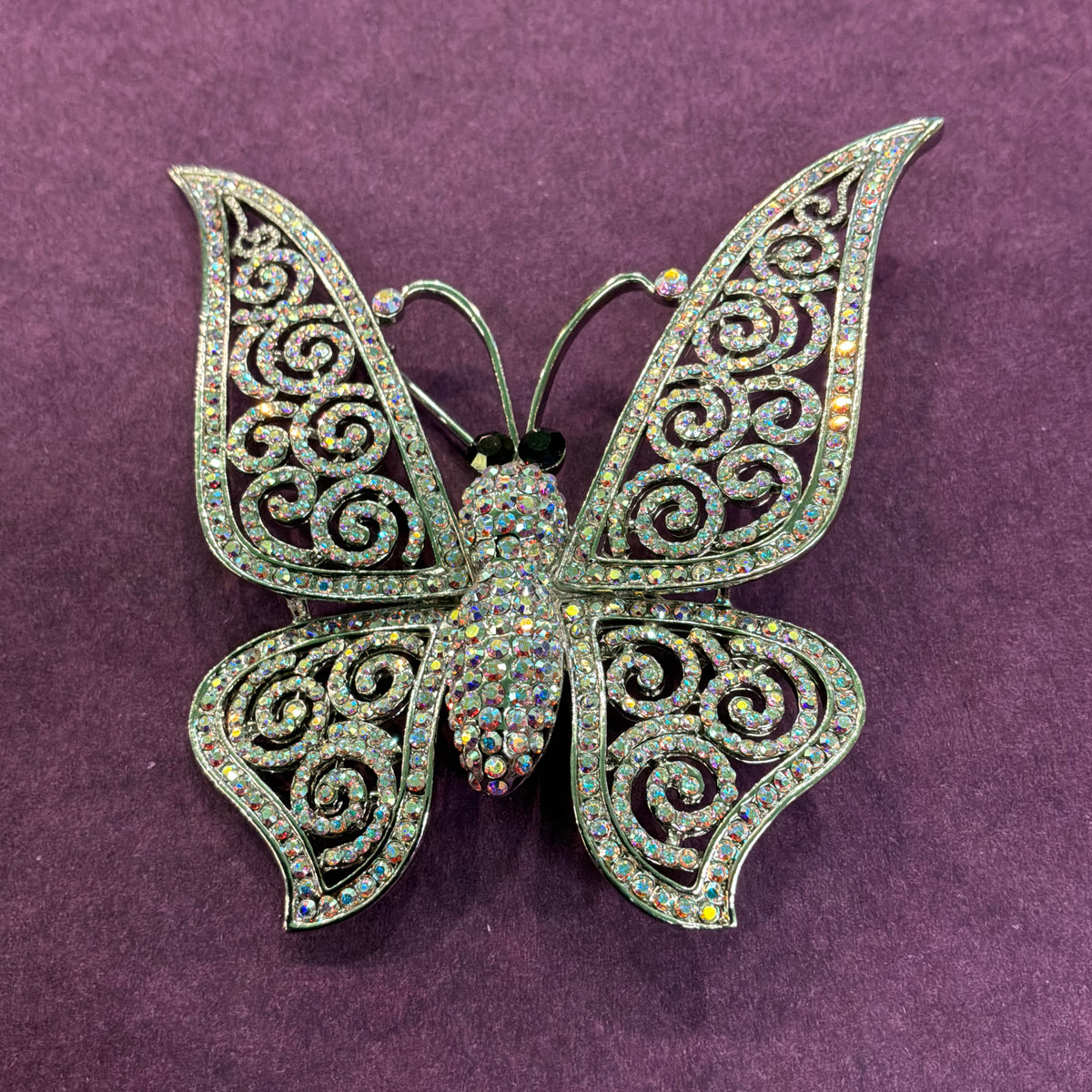 Vintage Butler & Wilson Large Butterfly Brooch, Aurora Borealis Crystal Silver Tone Statement Jewellery