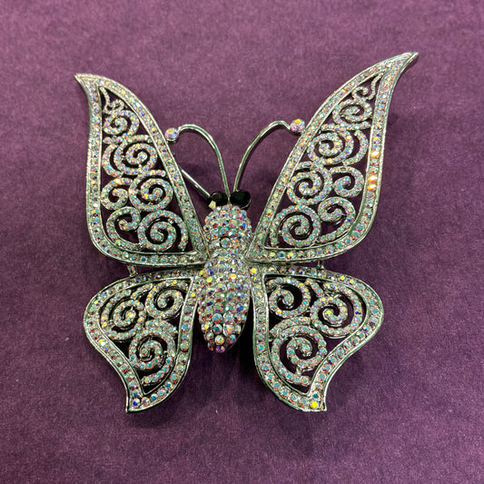 Vintage Butler & Wilson Large Butterfly Brooch, Aurora Borealis Crystal Silver Tone Statement Jewellery