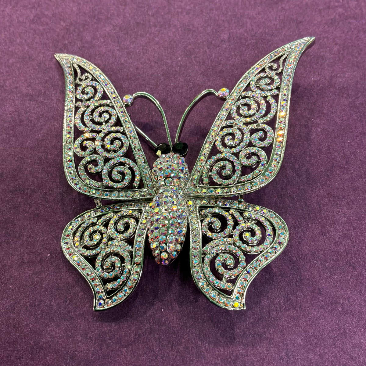 Vintage Butler & Wilson Large Butterfly Brooch, Aurora Borealis Crystal Silver Tone Statement Jewellery