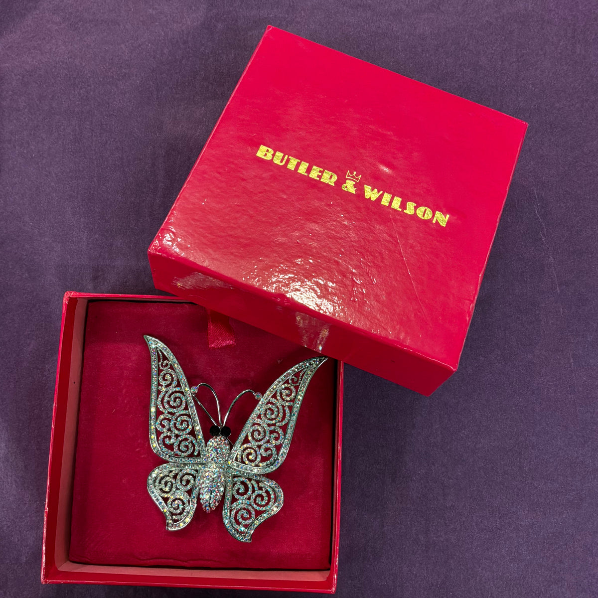 Vintage Butler & Wilson Large Butterfly Brooch, Aurora Borealis Crystal Silver Tone Statement Jewellery