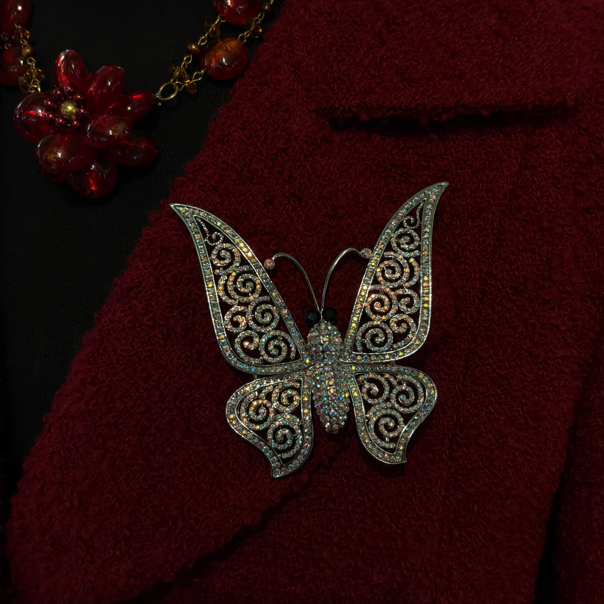 Vintage Butler & Wilson Large Butterfly Brooch, Aurora Borealis Crystal Silver Tone Statement Jewellery