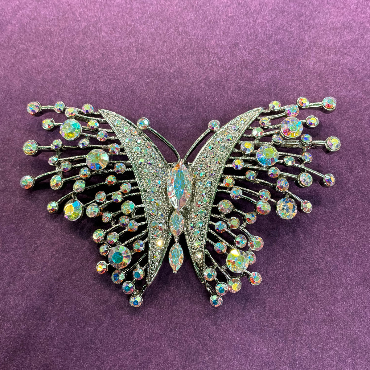 Vintage Butler & Wilson Large Butterfly Brooch, Silver Tone with Aurora Borealis Crystals