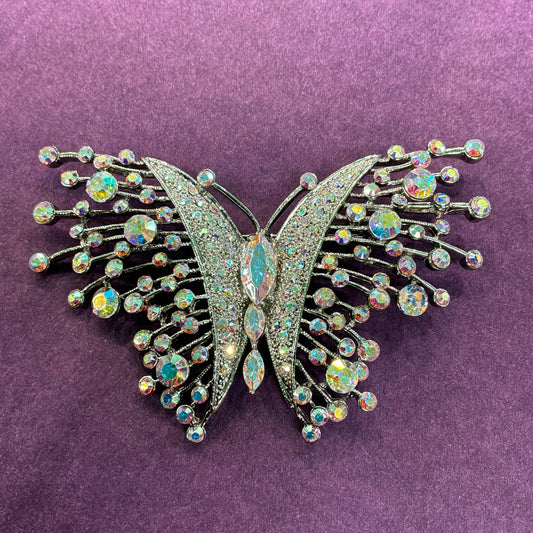 Vintage Butler & Wilson Large Butterfly Brooch, Silver Tone with Aurora Borealis Crystals