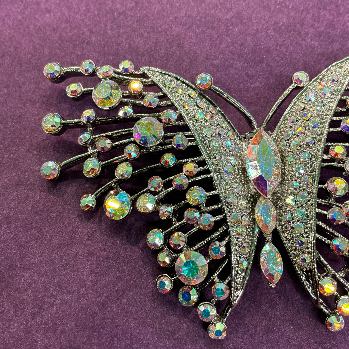 Vintage Butler & Wilson Large Butterfly Brooch, Silver Tone with Aurora Borealis Crystals