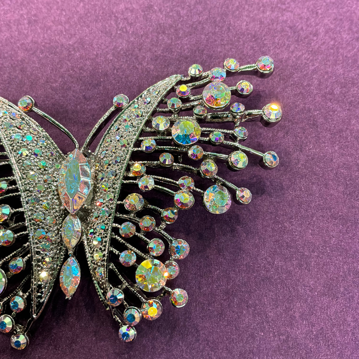 Vintage Butler & Wilson Large Butterfly Brooch, Silver Tone with Aurora Borealis Crystals
