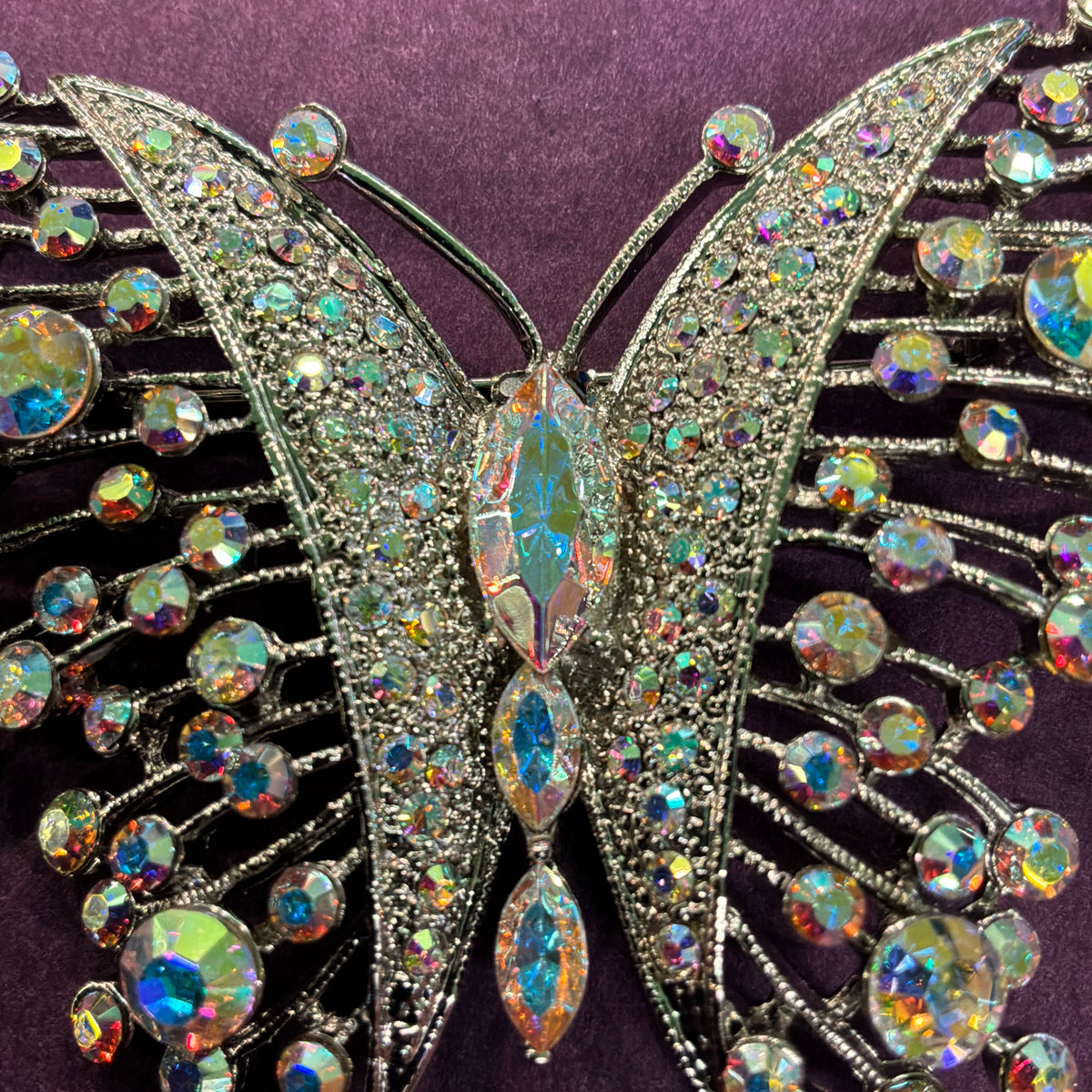 Vintage Butler & Wilson Large Butterfly Brooch, Silver Tone with Aurora Borealis Crystals